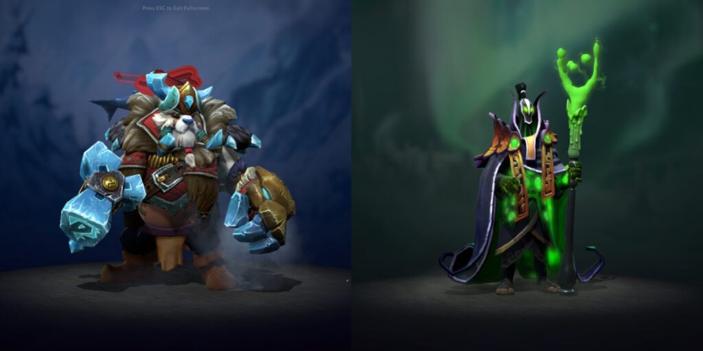 A bear-like warrior with icy armor and a glowing hammer stands beside a mysterious figure in dark robes holding a green staff.