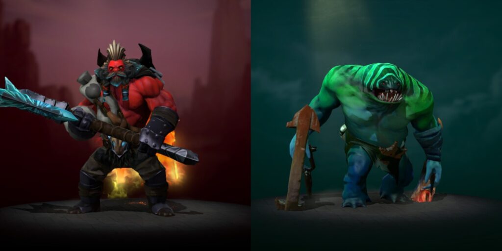 Two fantastical warriors face each other: a fierce red-skinned character with a spear, and a menacing green creature holding an axe.