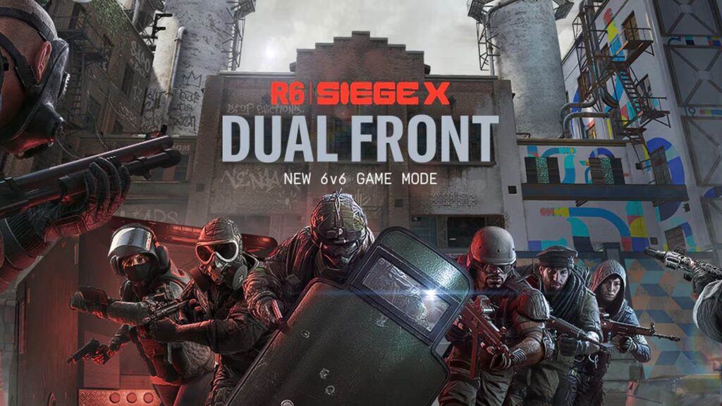 Promotional image for Rainbow Six Siege X: Dual Front, featuring two tactical teams ready for combat in front of an industrial building, highlighting the new 6v6 game mode