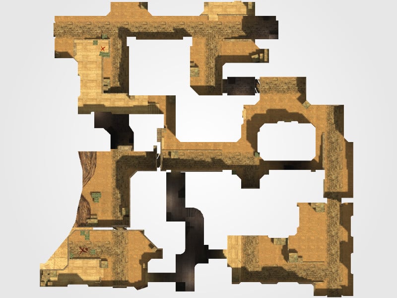 Top-down overview of the Dust 2 map from Counter-Strike 1.6, showing the full layout including bombsites A and B, tunnels, long A, short, mid, and spawn areas, displayed on a light gray background.