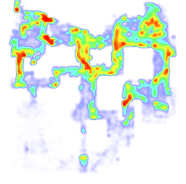 Heatmap of player activity on Dust 2 from Counter-Strike, highlighting high-traffic areas in red and low-traffic zones in blue, based on match data from HLTV.