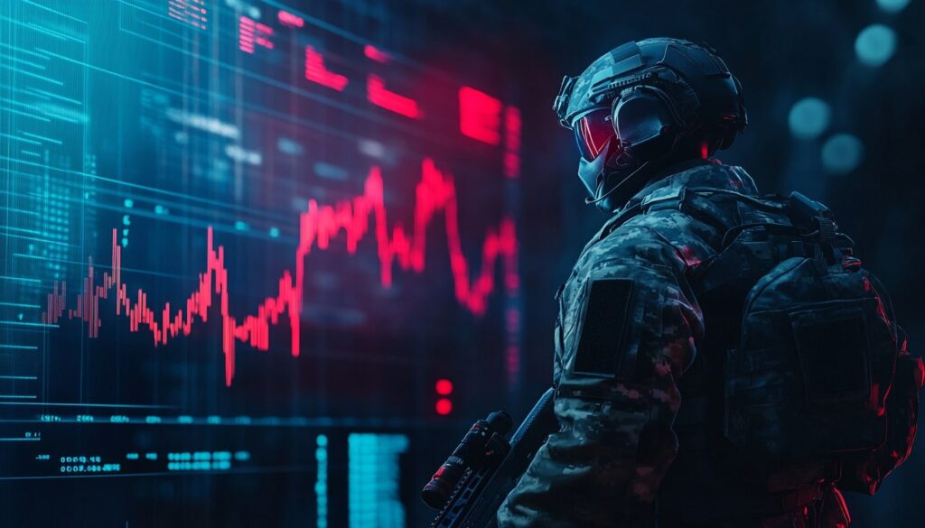 A futuristic soldier inspired by Battlefield stands in front of a large digital screen displaying rising stock market charts, symbolizing EA’s Q4 2025 earnings success and stock price growth.