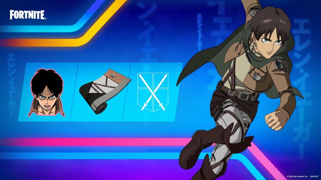 Eren Yeager Fortnite skin in full Scout Regiment uniform from Attack on Titan