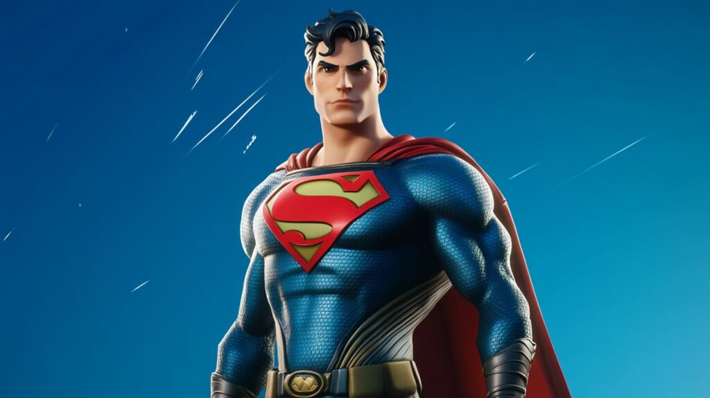Stylized Superman in a textured blue suit with a red cape and iconic "S" emblem, standing confidently against a clear blue sky — possibly teasing a DC collaboration in Fortnite Chapter 6 Season 4.