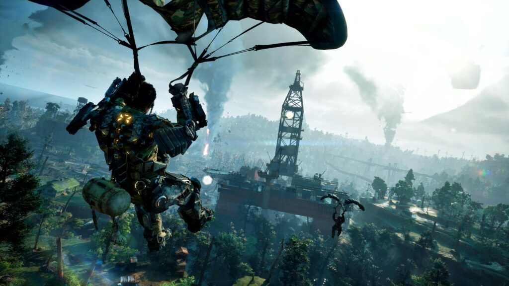 A heavily armored character descends with a parachute over a lush, post-apocalyptic landscape in Exoborne, aiming toward an industrial oil rig-like structure with smoke rising in the distance.