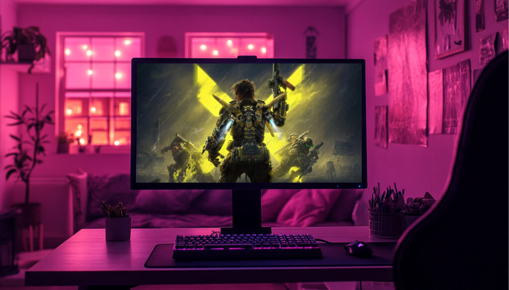 A gaming monitor in a purple-lit room displays key art from Exoborne, showing an armored character with weapons facing forward, surrounded by other futuristic soldiers in a stormy setting.