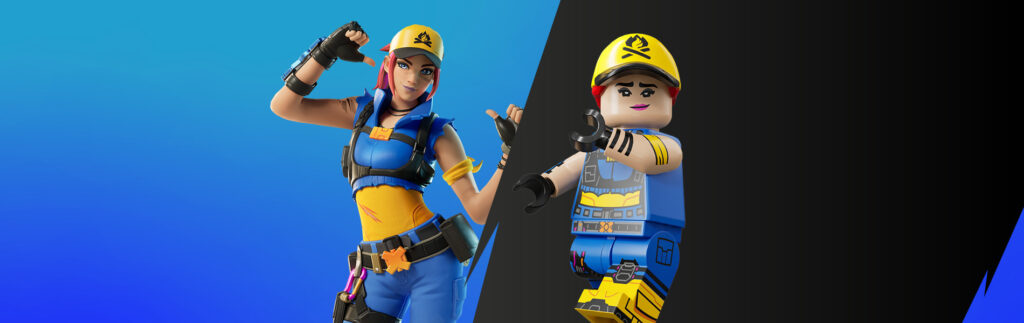 Explorer Emilie Fortnite skin posing confidently next to her LEGO Fortnite counterpart, both wearing a yellow cap and blue tactical outfit, with a split blue and black background.