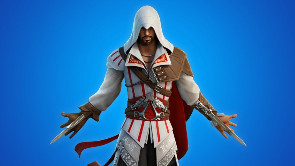 Ezio Auditore Fortnite skin wearing a white assassin outfit with red accents, hood up, and hidden blades extended, posed against a blue background.