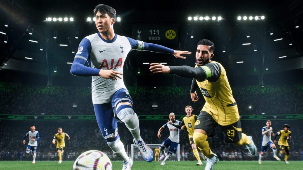 EA FC gameplay scene showing a player sprinting with the ball under pressure
