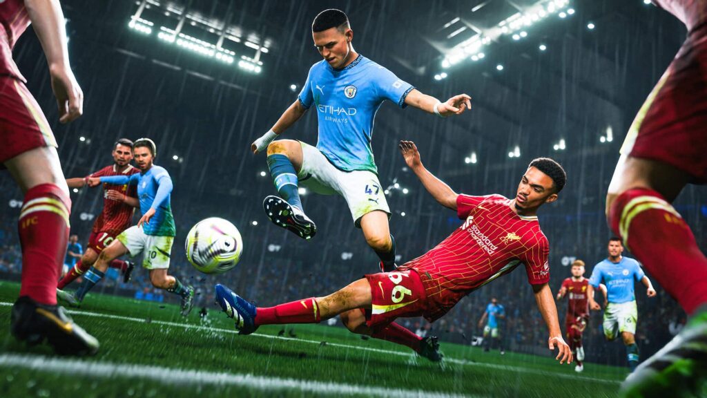 EA Sports FC gameplay showing sliding tackle in rainy stadium match