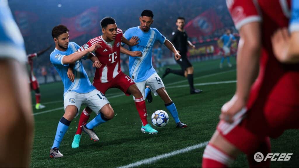 Intense soccer match with players in red and blue uniforms battling for the ball on the field, EA FC 26 logo visible