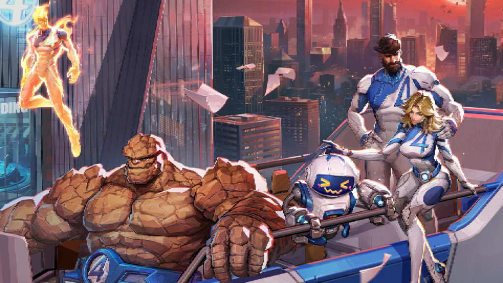 A heroic team in futuristic suits poses against a vibrant city skyline with a playful robot companion hovering nearby.