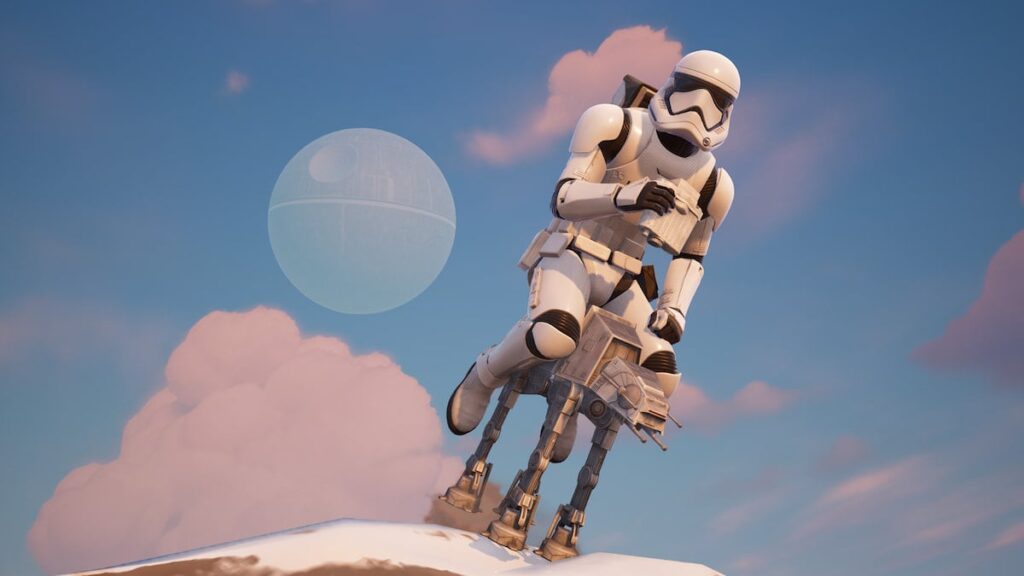 First Order Stormtrooper riding a mechanical AT-ST walker against a pastel sky with clouds and the Death Star visible in the background — Fortnite style render.