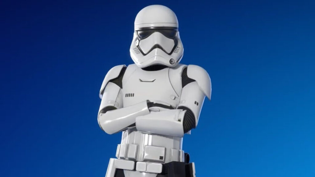 First Order Stormtrooper Fortnite skin standing with arms crossed against a solid blue background — clean character render.