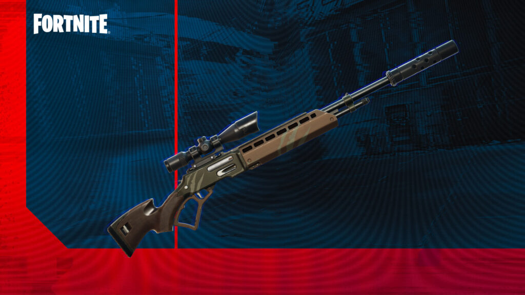 A stylized sniper rifle from Fortnite, featuring a brown stock, scope, and suppressor, set against a blue and red background.