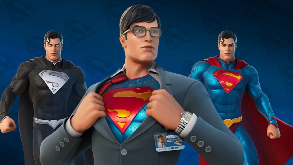 Multiple Fortnite Superman skins, including Clark Kent transforming into the hero, teasing the possible return of Superman and hero abilities in Fortnite Chapter 6 Season 4.