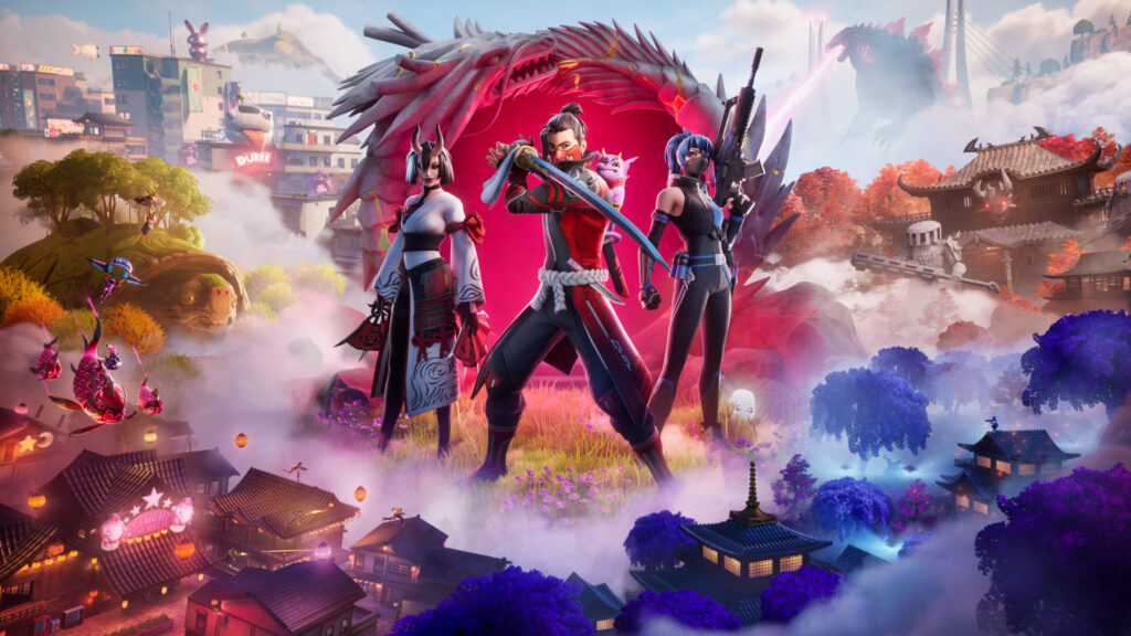 Three stylized Fortnite characters stand confidently in a vibrant landscape filled with whimsical elements and fantasy architecture, immersed in colorful mist.