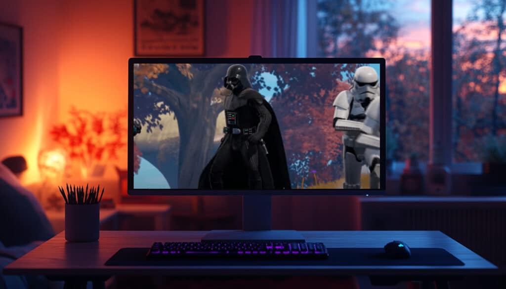 Darth Vader and a Stormtrooper in Fortnite, shown on a monitor in a cozy gaming setup.
