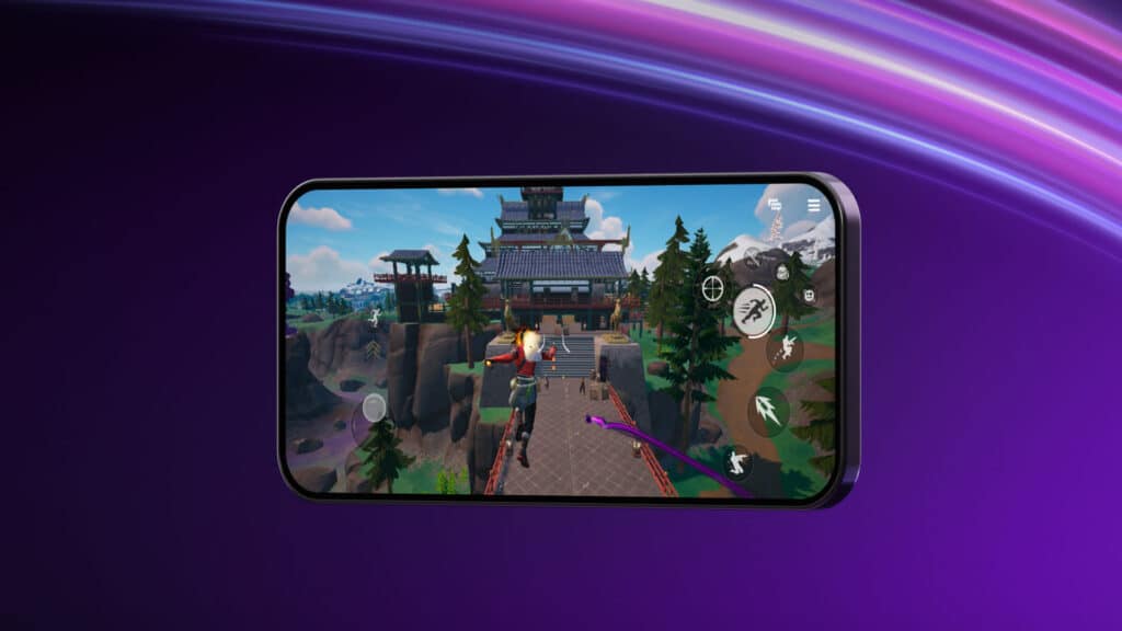 A smartphone displays a colorful action game scene with a character jumping near a temple, surrounded by trees and mountains.