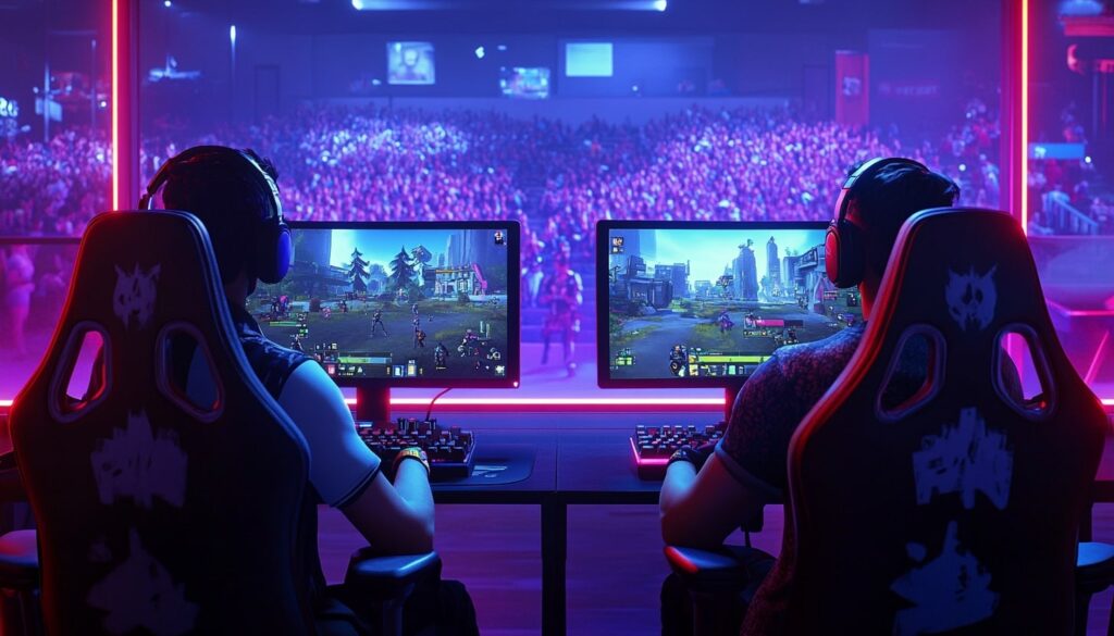 Two professional gamers competing on stage with a large crowd in the background, both playing a colorful third-person shooter game resembling Fortnite, with vivid lighting and esports atmosphere.
