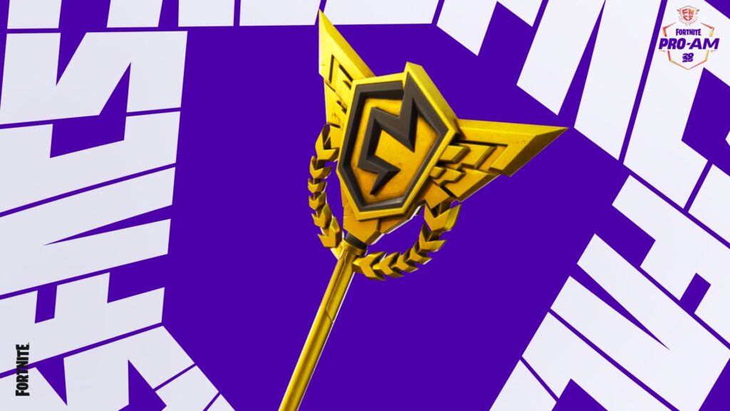 Golden FNCS-themed trophy pickaxe with a shield and lightning bolt emblem, laurel wreath, and wing-like extensions, displayed on a purple background with Fortnite Pro-Am 2024 branding.