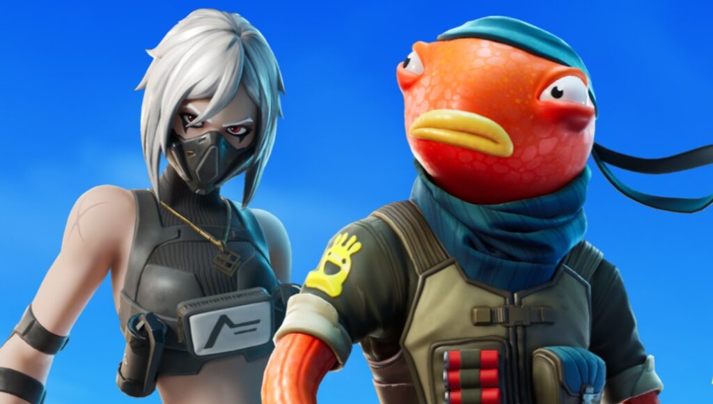 Two Fortnite characters posing in front of a bright blue sky — a masked female fighter with white hair and a serious look, standing next to the iconic orange Fishstick character wearing tactical gear and a scarf.