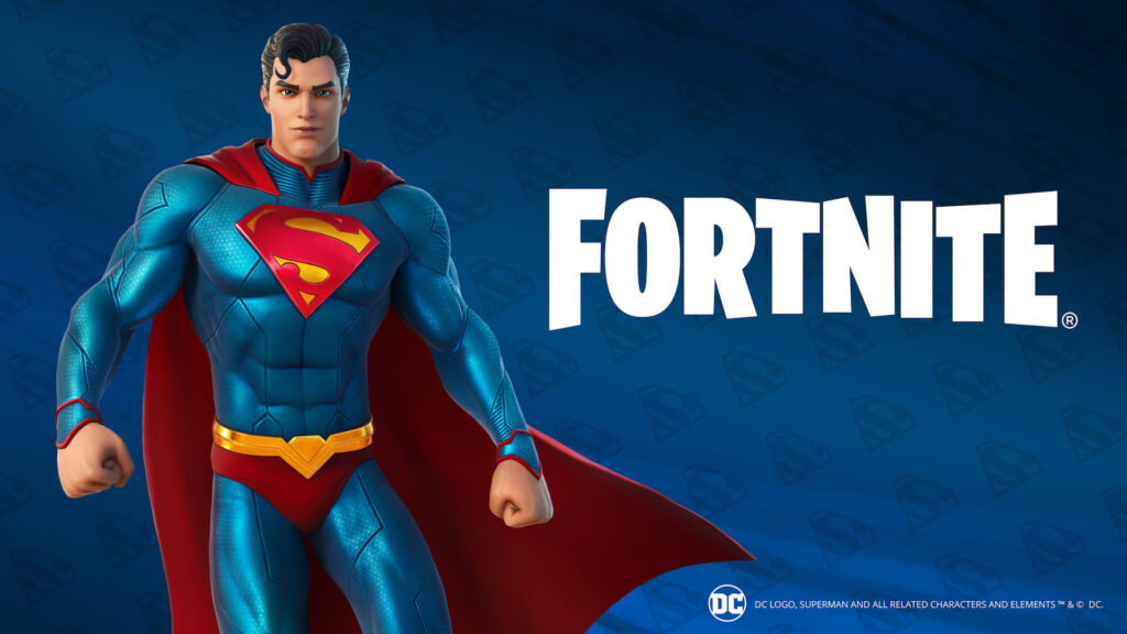 Superman character from DC Comics in Fortnite, standing confidently next to the game’s logo