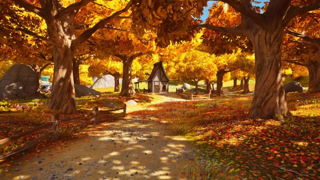 A stylized autumn forest path with golden-orange trees, scattered leaves on the ground, and a small cottage in the distance — vibrant lighting and cartoon-like detail, resembling a scene from a video game.