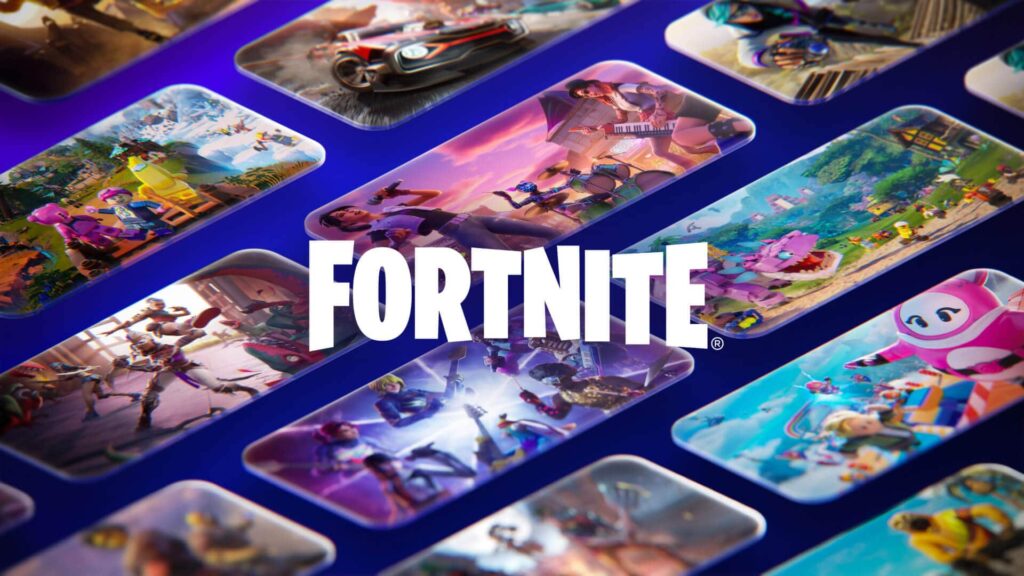 Collage of colorful Fortnite game modes and community creations with the word “FORTNITE” in bold white letters at the center.