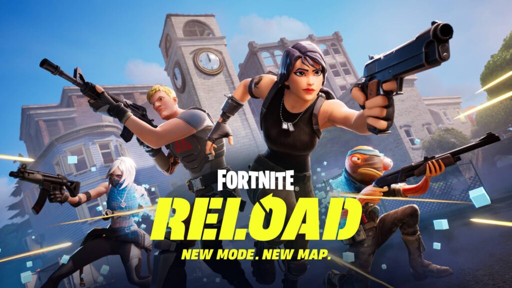 Fortnite characters in an action pose with weapons drawn in front of a clock tower, promoting the Reload mode with “NEW MODE. NEW MAP.” tagline.