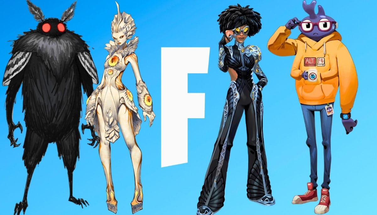 Four stylized Fortnite's characters stand against a blue background with a large "F" in the center