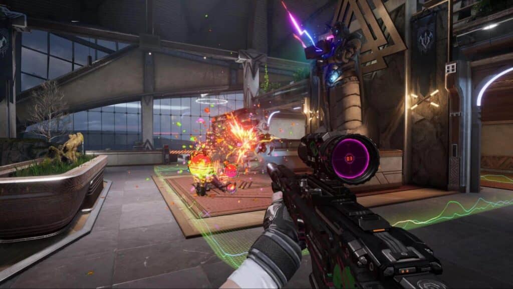 First-person shooter gameplay scene from FragPunk, showing a player aiming a futuristic sniper rifle at an enemy amid colorful explosion effects in a modern sci-fi environment with statues and neon lighting.