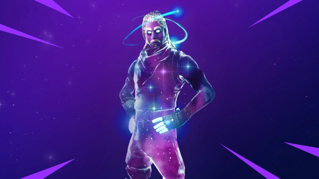 Galaxy Fortnite skin with glowing cosmic texture, white eyes, and swirling galaxy effects around the head, standing confidently against a starry purple background.