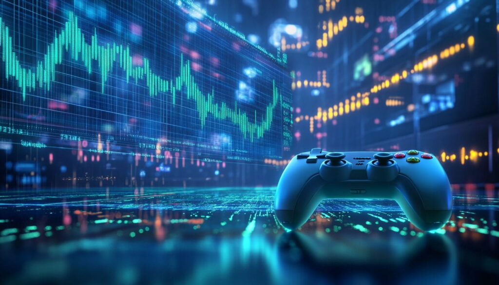 A video game controller placed in front of digital financial graphs and stock market data, symbolizing the $27.3B rebound in gaming industry deals and investments in 2024.