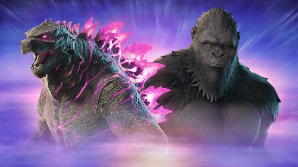 Fortnite skins of Godzilla with glowing pink dorsal plates and King Kong with a stern expression, both standing against a purple and blue background.