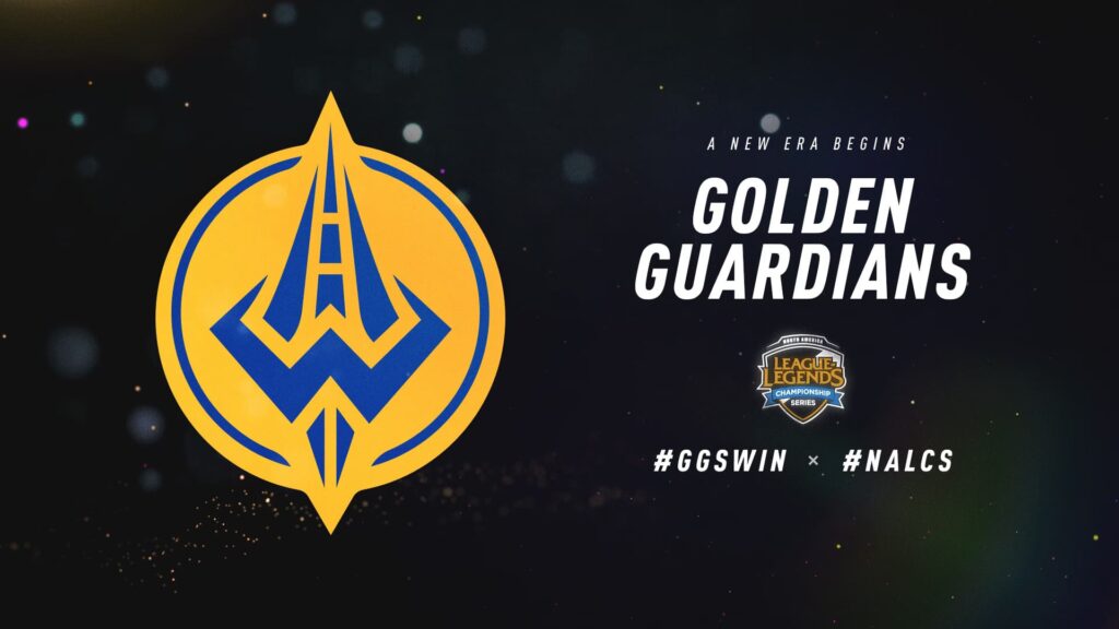 Logo of Golden Guardians, featuring a blue stylized 'W' within a yellow circle, with text announcing