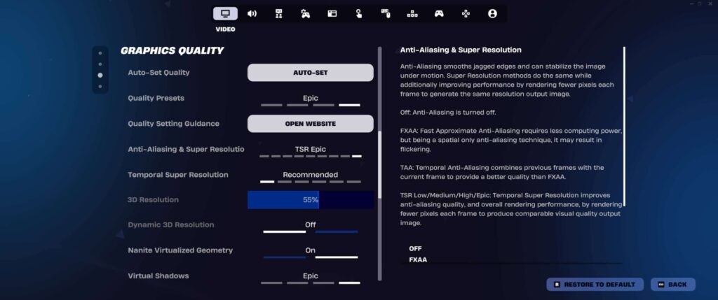 Graphics quality settings menu showing options like Epic quality preset, TSR Epic anti-aliasing, 55% 3D resolution, Nanite enabled, and virtual shadows set to Epic.