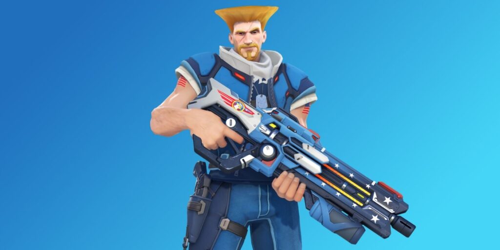Soldier: 76 in his Guile-inspired Street Fighter skin in Overwatch 2.