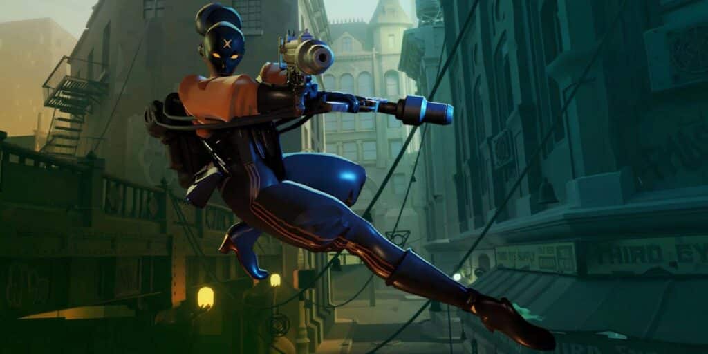 Haze from Deadlock aiming mid-air in a dark city alley.