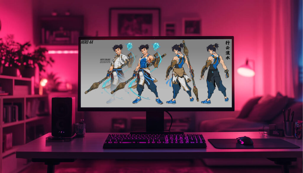 A digital illustration of a Hero 44 called Aqua, showcasing various poses and outfits, displayed on a modern desk setup with ambient lighting.
