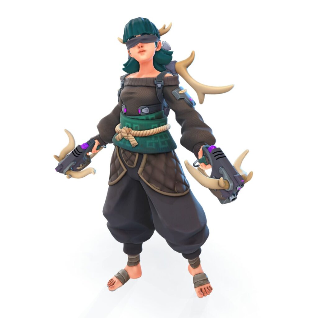 A stylized hero wearing a dark outfit with baggy pants, wielding futuristic guns, adorned with antler-like decorations.