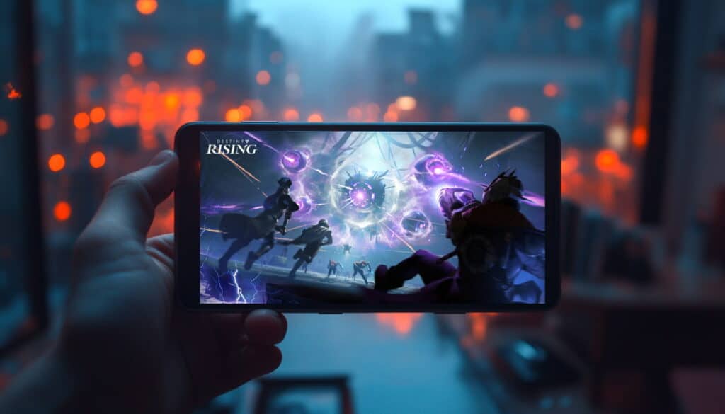 Smartphone showing Destiny: Rising gameplay with Guardians facing a sci-fi portal.