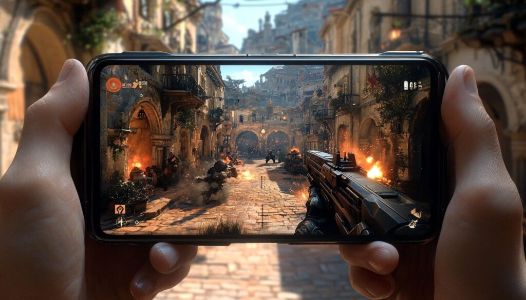 Realistic hands holding a smartphone in landscape mode, displaying a first-person shooter game with explosions and gunfire on a Mediterranean-style city street, resembling VALORANT Mobile gameplay