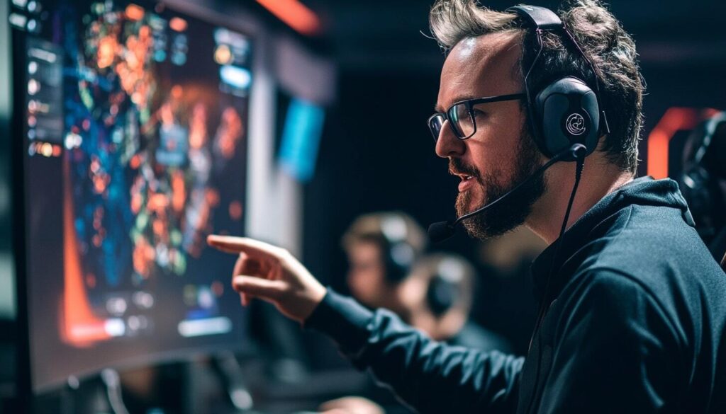 Esports coach wearing a headset pointing at a tactical map on a computer screen during a team scrim session, analyzing strategy in a professional gaming environment.