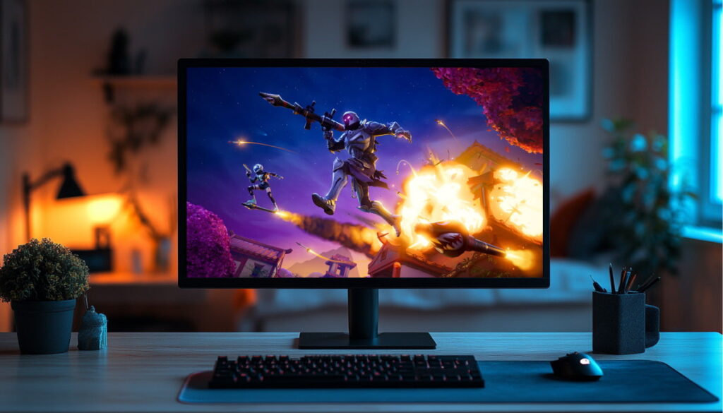 A desktop gaming setup with a monitor displaying an intense Fortnite battle scene — futuristic characters flying through explosions in a colorful environment, viewed in a cozy, dimly lit room with warm and cool lighting.