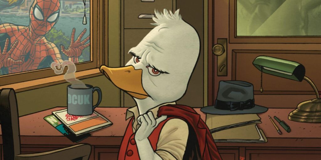 Howard the Duck sits at a cluttered desk with a tired expression, holding his jacket over one shoulder, while Spider-Man peers through the window behind him