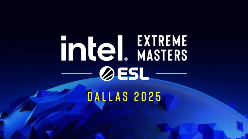 Logo of Intel Extreme Masters and ESL with the text "Dallas 2025" over a stylized blue globe background.