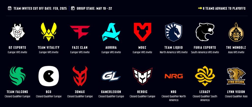 Logos and names of 16 teams participating in IEM Dallas 2025, divided by region and qualifier type, including G2 Esports, Team Vitality, FaZe Clan, Team Liquid, and others, with note that 8 teams will advance to playoffs.