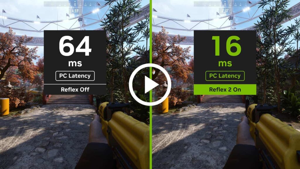 Side-by-side comparison showing PC latency with NVIDIA Reflex off (64 ms) vs. Reflex on (16 ms), demonstrating improved input response time in-game.