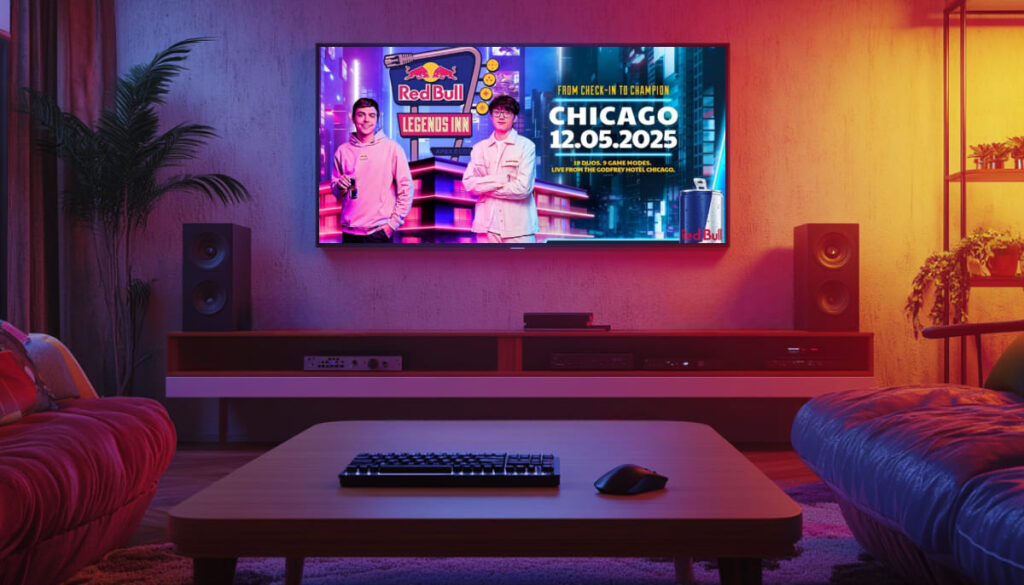 A cozy living room with a TV displaying a Red Bull event advertisement for Chicago, gaming setup with a keyboard and mouse on the table.